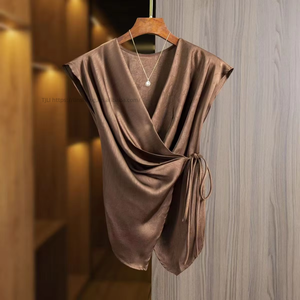 Women's Satin Wrap Front <b>Top</b> Sleeveless V-Neck Tie-Waist Casual Blouse Shirt Fashion - Product Image 4