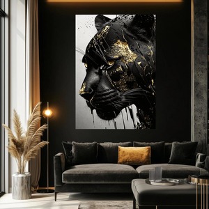 <span class=keywords><strong>Peinture</strong></span> sur toile abstraite moderne Panthère Noire, affiche murale animale de luxe noir et or pour salon, décoration intérieure personnalisée - Product Image 1