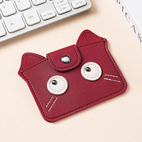 Tas Kartu Kulit Sapi Lapis Pertama Gaya Retro, Kulit Asli dengan Desain Anak Kucing Lucu Cetak Sablon, Ultra Tipis dengan Penutup Kancing