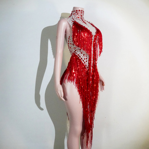 Combinaison de danse latine rouge rubis en spandex/polyester avec franges de strass lourds pour performance de scène de carnaval de Samba - Product Image 2