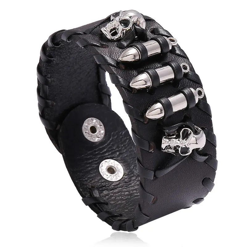 Rivet en métal et accessoires crâne Bracelet manchette en cuir véritable Style Punk cool Bracelet en cuir large pour hommes