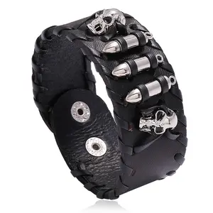 Metal rivet and Skull accessories genuine leather Cuff Wristband Punk Style cool wide leather Bracelet for men