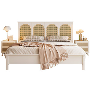 French Style Cream Solid Wood Rattan <b>Bed</b> 1.8M <b>Double</b> Platform <b>Bed</b> For Bedroom - Product Image 3