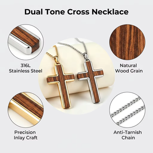 Collier en bois naturel et acier inoxydable pour hommes, lot de 2, pendentif or et argent, bijoux religieux, vente en gros - Product Image 2