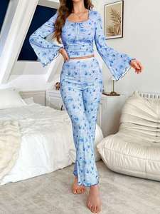 2025 Elegant Women's Casual Rose Print Long Sleeve Shirts Ruffles Pants <strong>Crop</strong> Top Crew Neck Fashionable Pyjama Sets Women - Product Image 5