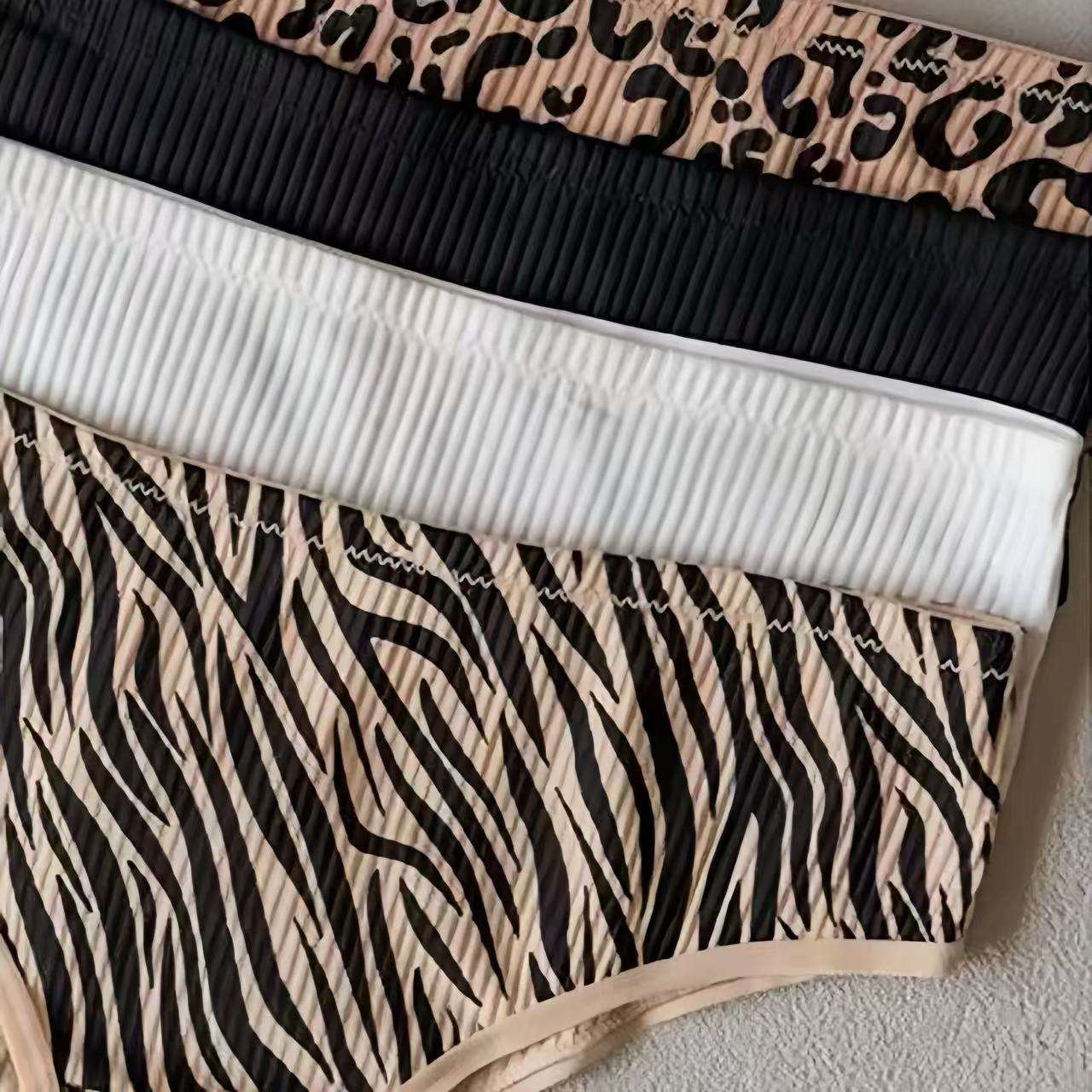 4 Piece Set in Stock Cotton Panties Ribbed Low Waist Briefs Leopard Print Leopard Print Knickers Lingerie Leopard Brief Panties