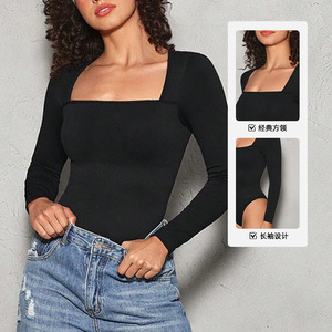 Combinaison de yoga en gros, nouvelle collection pour femme, col carré, haut à manches longues, justaucorps décontracté léger, une pièce, couleur unie, combinaison d'été - Product Image 5