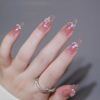 Faux Ongles Romantiques Rose Nude à Coller 30 Pièces, Forme Cercueil Moyenne en ABS avec Colle, Motifs Perles et Floraux