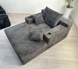 Sofá Seccional Tapizado en Pana Gris con Portavasos Incorporado, Sellado al Vacío Antiácaros para Balcón de Villa, Salón Moderno - Product Image 3