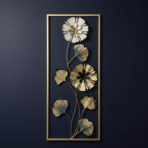 Sculpture murale florale en métal encadrée de style nordique, artisanale, branche de fleur dorée et bleue, plaque décorative à suspendre au mur - Product Image 1