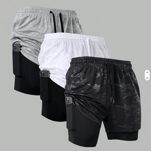 Custom Men's Casual Quick Dry Breathable <strong>Mid</strong> Rise Double <strong>Layer</strong> 100% Polyester Sports Shorts Drawstring Knitted Jogging Fitness - Product Image 5