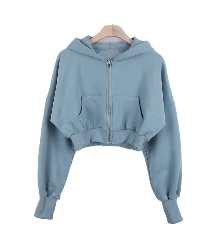 Custom Logo Fashion hooded cardigan zipper plus fleece sweater casual women zip up cropped hoodies
