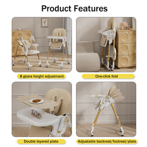 Nouvelle chaise haute pour bébé 3 en 1, 8 vitesses, hauteur réglable, pliage en un clic, avec dossier, repose-pieds et plateau réglables - Product Image 3
