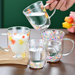 Wholesale Insulated Layer Flowers Coffee Cup Double Walled Glass Mug Handle Anti-Scald Mugs <b>Dried</b> Heat Insulation - Product Image 3
