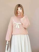 Pull tendance en dentelle à nœud papillon anti-rides rose automne pour rendez-vous romantique, fête d'anniversaire, pull à col roulé en tricot doux
