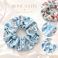 Scrunchie Satin Motif Mawar Natal Custom Grosir, Ikat Rambut Elastis, Aksesoris Penataan Rambut untuk Liburan