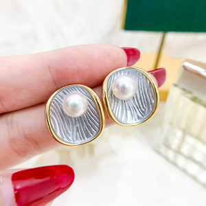 S925 <b>Silver</b> DIY Pearl Accessories Empty Stand with 6-9mm Round Beads 21744 Fashion <b>Stud</b> <b>Earrings</b> - Product Image 1