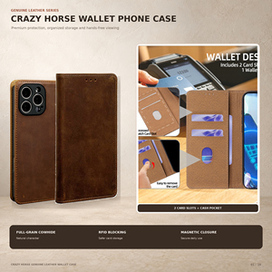 Étui portefeuille en cuir pleine fleur Crazy Horse pour <span class=keywords><strong>iPhone</strong></span> 18 17 16 15 14 13 12 <span class=keywords><strong>Pro</strong></span> Max avec protection RFID, porte-cartes magnétique et support - Product Image 1