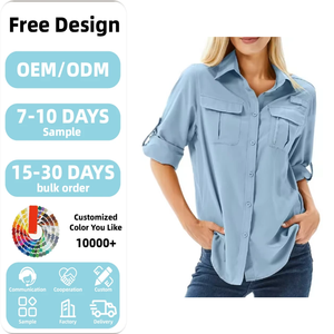 Damen Langarm-Anglerhemd mit Knöpfen, Spandex/Baumwolle, UPF 50, Safari-Outdoor, schnelltrocknend, UV-Sonnenschutz, Digitaldruck, Blau - Product Image 1