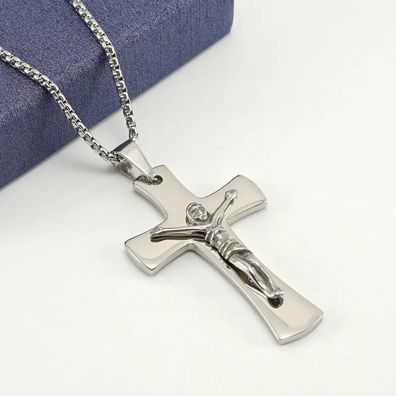 Hotsale Design Jesus Aço Inoxidável Cruz Pingente Colar De Ouro Cor Católica Religiosa Cruz Colar