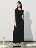 862611 Nouvelle Robe d'été décontractée pour femme en soie de mûrier, col rond, sans manches, couleur unie, de haute qualité