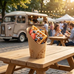 Vaso de Papel Inclinado Personalizado para Charcutería, Porta Snacks de Papel Kraft Impreso Personalizado para Papas Fritas y Otros Alimentos para Llevar - Product Image 1