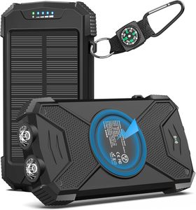 Batterie externe <span class=keywords><strong>solaire</strong></span> 10 000 mAh étanche avec charge rapide 15W, <span class=keywords><strong>chargeur</strong></span> sans fil, lumière LED USB – Idéale pour les randonneurs – Produit le plus vendu - Product Image 1