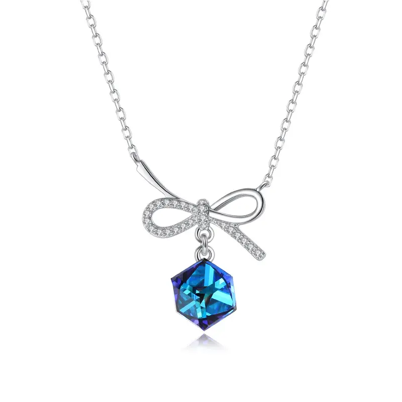 Minimalist Bow Simple Gem Stone Fine 925 Sterling Silver Square Sapphire Ocean Crystal Necklace