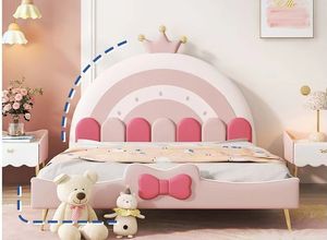Cama Infantil Cake Princess, Tamaño Completo, Madera, Tapicería de Algodón, Cómoda, Moderna, Diseño de Bloques de Color Rosa Arcoíris para Niñas - Product Image 4
