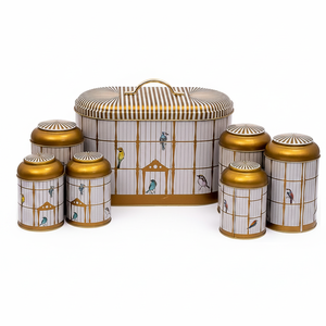 Juego de cocina de caja de lata redonda de 7 piezas, tapa de cúpula, ilustración de jaula de pájaros Vintage con diseño de jaula de pájaros coloridos - Product Image 2