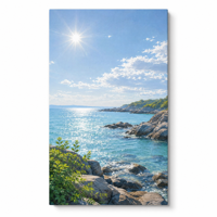 Tableau mural moderne sur toile Paysage marin ensoleillé Océan Plage Roches Impression HD encadrée et tendue pour Salon Hôtel Décoration estivale