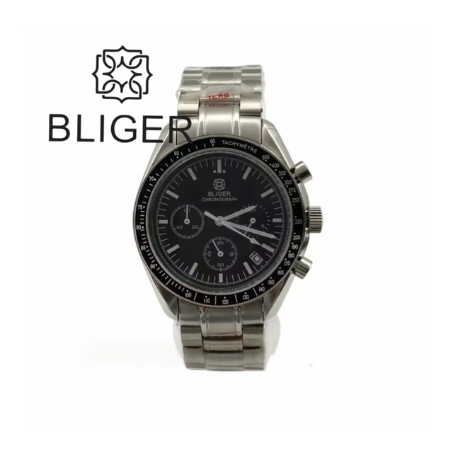 BLIGER 40mm Sport Chronograph Quartz Men Watch VK63 Movement Multifunction Black Dial 24 Hours Steel Strap Luminous Sapphire