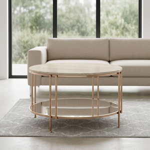 Mesa de centro redonda moderna para sala de estar, mesa con estructura de metal, estante de vidrio, mesa de centro con superficie de mármol para uso en oficina o restaurante. - Product Image 6