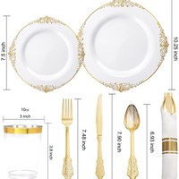 Ensemble de vaisselle jetable compostable pour fête, assiettes blanches biodégradables avec bords dorés, design gaufré, verres à vin en PS rigide
