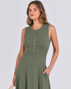 Robe longue sans manches pour femme 2025 Couleur unie Col boutonné Décontractée Ample avec poches Été Plage Fête Port quotidien - Product Image 2