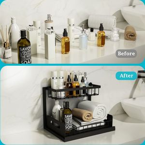 Organizador de Gabinete Extraíble de Doble Nivel, Estante Deslizable de Acero para Fregadero, para Cocina y Baño, Diseño OEM, Embalaje en Caja - Product Image 3