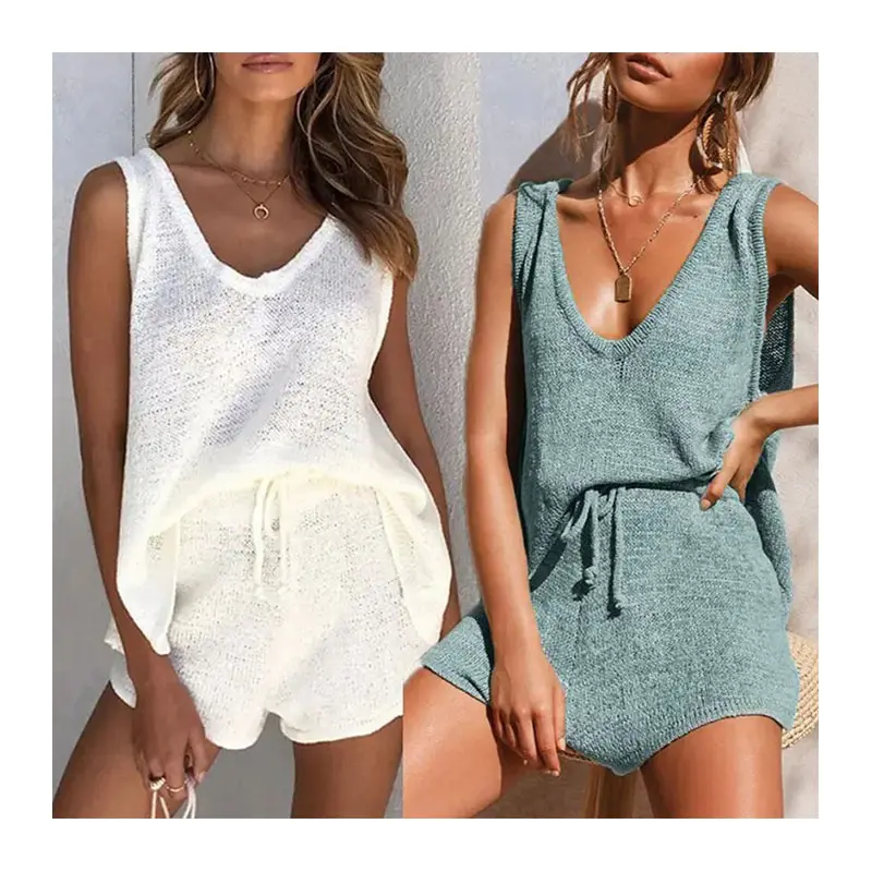 2023 Summer Women's Sweaters V-neck Sports Knitted Vest Loose Drawstring Knitted Pants Two-Piece Set