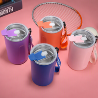 Gobelet isotherme en acier inoxydable 304 avec paille et cordon, tasse sous vide 450 ml, mug à café portable pour voyage en extérieur, cadeau