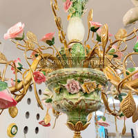 Lustre de luxe en laiton et céramique français avec fleurs en porcelaine pour salle de mariage, LED à intensité variable, garantie 5 ans