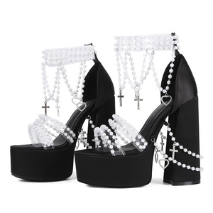 Sandalias de Plataforma con Tacón de Bloque para Mujer, Talla Grande 47, Estilo Sexy Y2K Millennium Spice Girl Lolita Pearl - Product Image 3
