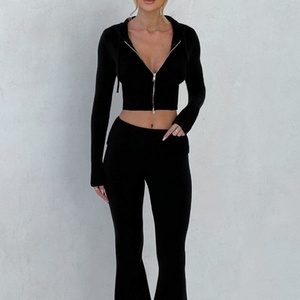 Wholesale Custom Autumn Winter New Solid Color Regular Fit Full Sleeve Hooded Top Casual Pants Suit Two Piece <b>Set</b> Women - Product Image 3