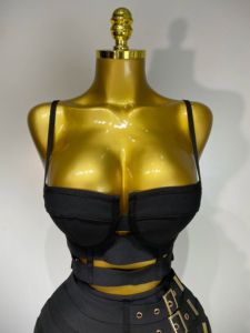 Ensemble deux pièces moulant <span class=keywords><strong>noir</strong></span> pour femme avec <span class=keywords><strong>jupe</strong></span> bandage et découpes – Tenue de soirée, d'anniversaire ou de club, style célébrité, pour le streetwear - Product Image 5
