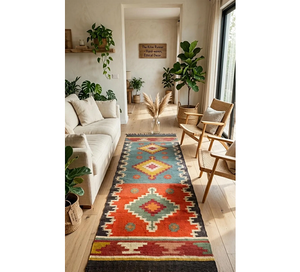 Southwestern Tribal <b>Runner</b> <b>Rug</b> | Handwoven Wool Jute Geometric Boho Carpet <b>for</b> Farmhouse Hallway Entryway Bedroom Room Decor - Product Image 1