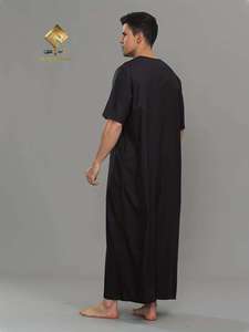 Men's Black Cotton Thobe Round Neck Short Sleeve <b>Floor</b> Length Modest Prayer Robe Middle East Style - Product Image 3