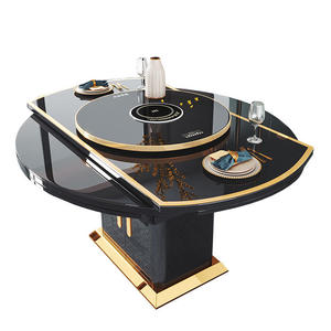 Black Smart Heating Marble Modern Dining <b>Table</b> Set Luxury Extendable Round 6 <b>Chairs</b> for Hotel & Villa Rooms Adjustable Dinning T - Product Image 6