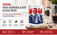 Mug en verre borosilicate 16oz/500ml avec poignée, motif personnalisé, logo, double paroi, sans BPA, emballage cadeau en gros pour café et thé