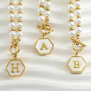 Pearl Chain Necklace Hexagon Pendant Letter B Imitation Pearl Gold Plated Unisex Everyday Wearing - Product Image 3
