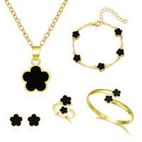 Nouvel Ensemble de Bijoux de Mode pour Femme, Ensemble Passe-Partout, Bracelet Fleur Chanceuse, Collier Trèfle à Cinq Feuilles, Bague et Boucles d'Oreilles en Alliage