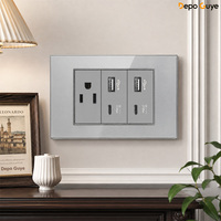 Prise murale combinée pour ordinateur et interrupteur d'éclairage en verre trempé gris, norme américaine 118*73mm, 10A, 2 prises USB-C