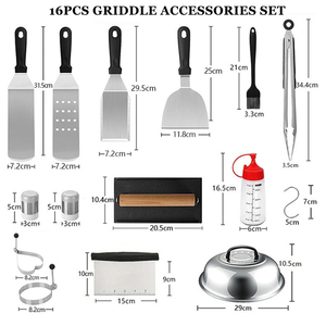 Juego de 16 Accesorios para Plancha, Kit de Herramientas para Asar de Acero Inoxidable con Espátula Grande, Tapa para Untar y Prensa para Hamburguesas - Product Image 2